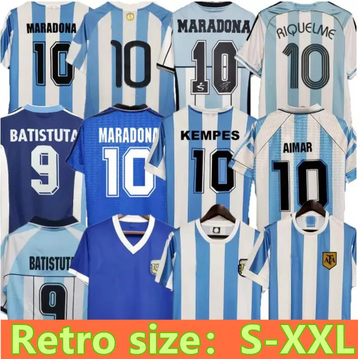 ريترو 1986 الأرجنتين لكرة القدم جيرسي مارادونا كانيجيا 1978 1996 قميص كرة القدم باتيستوتا 1998 RIQUELME 2006 1994 ORTEGA CRESPO 2014