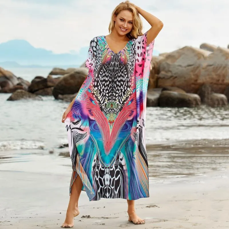 Kvinnors badkläder Boho Deep V-ringning Bikini Cover-ups Summer Beach Dress Chiffon Tunic Women Sexig Wear Swim Suit Cover Upwomen's