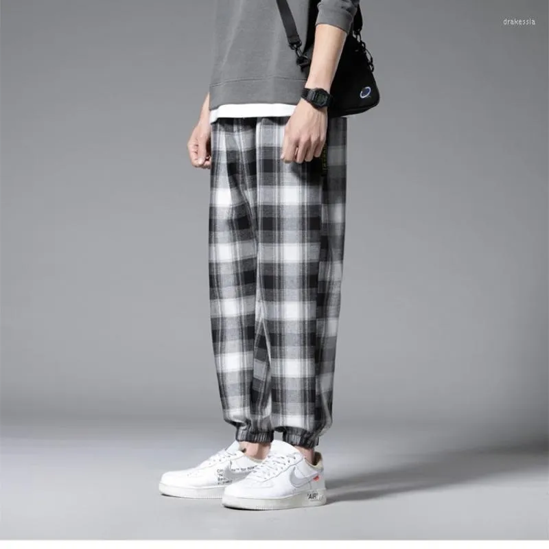 Men's Pants Ankle-Length Plaid Harem Men Clothing Joggers Trousers Japanese Fashion Grey Sweatpants M-3XL 2022Men's Drak22