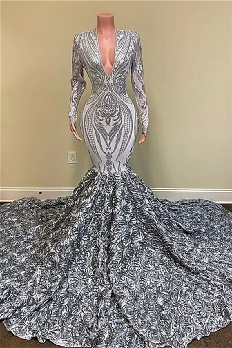 Modest Silver Gray Long Sleeve Prom Dresses Sexy Plunging V Neck Mermaid Flora Lace Evening Gowns African Girls Graduation Party W289T
