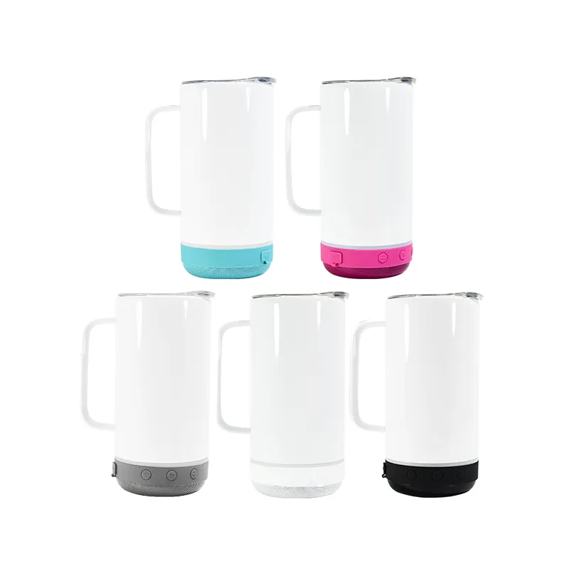 14 oz sublimation haut-parleur gobelets avec poignée blanc sans fil Bluetooth musique tasse à café en acier inoxydable isolé sous vide chantant tasse à eau créative