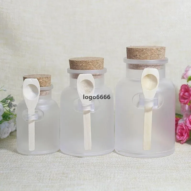 Sublimationsflaschen, 100 g, 200 g, 300 g, matte Kunststoff-Badesalzgläser, runde ABS-Flaschenbehälter mit Korkstopfen, Löffelgläser, Maske, cremefarbener Frost