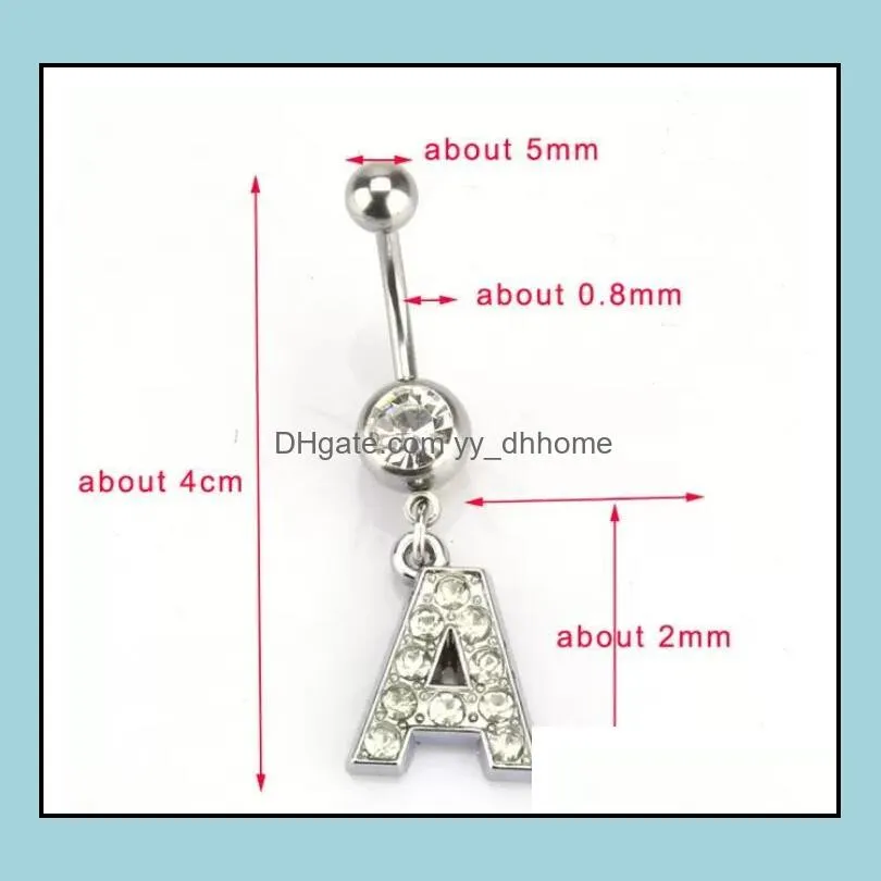 26 Inital letters Charming Body Piercing Crystal Rhinestone Inlaid Navel Belly Button Ring stainless steel Jewelry