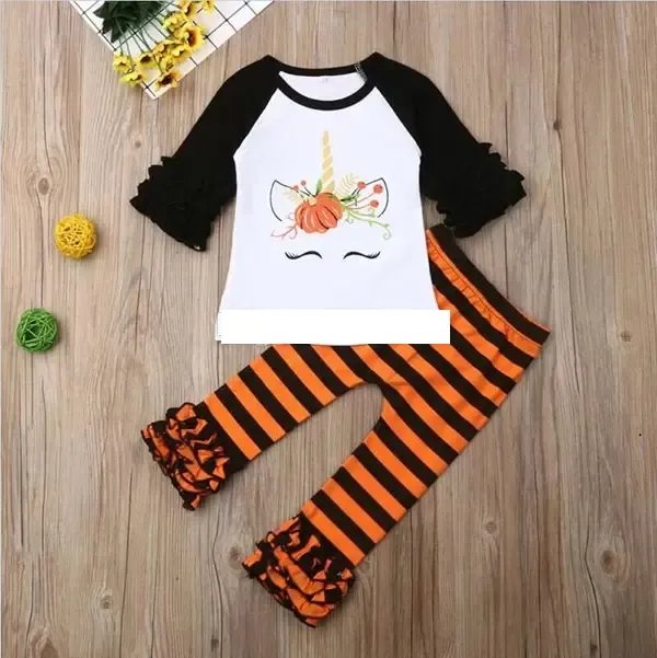 Roupas de menina de Halloween conjuntos flor abóbora impresso luva ruffled top + calças de ondas listradas 2 pçs / set roupas de desenhador de bebê