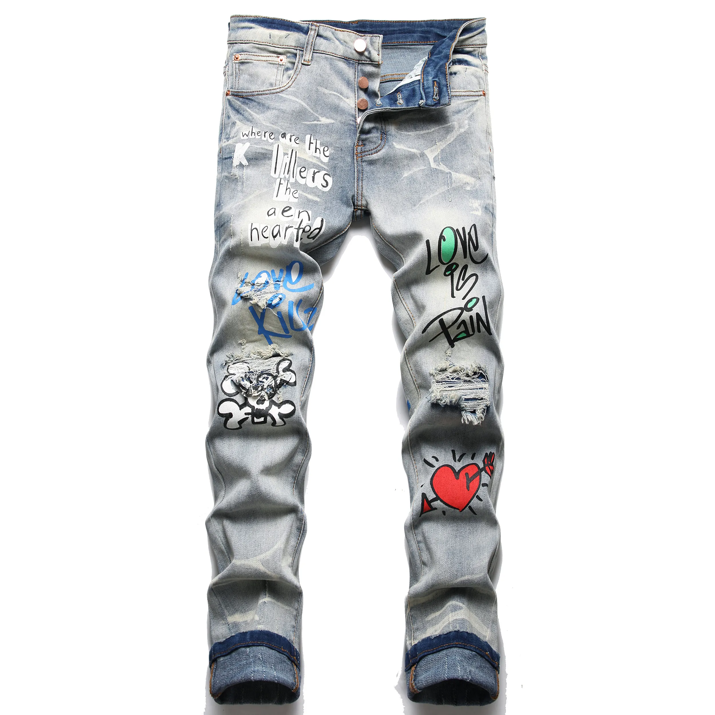 Jeans Men Slim Fit Ripped Printed Straight Biker Denim Pants Big Size Light Blue Men's Hip Hop Trousers For Male