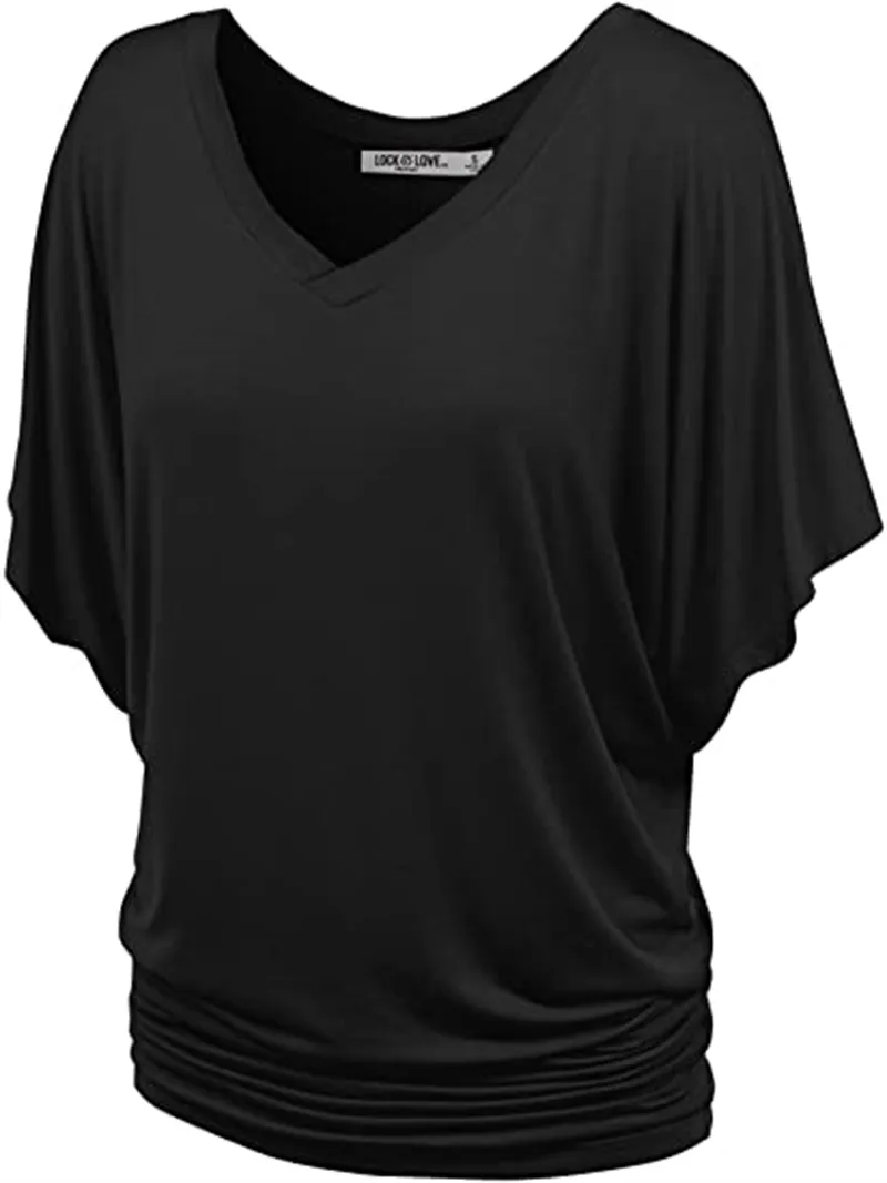 Kvinnors T-shirts Solid Short Sleeve Boat Crew Neck V Neck Dolman Tops