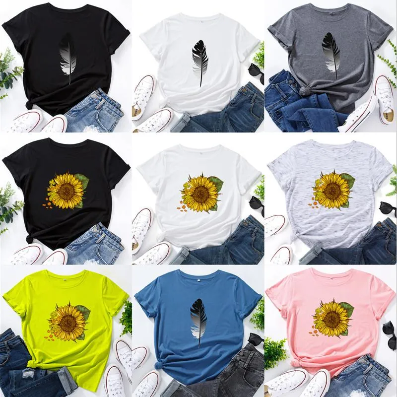 Dames t-shirt vrouwen veer geprint patroon in 16 kleuren korte mouw ronde kraag casual losse bloemen tops zomer 2022 plus maat 5xlwomen '