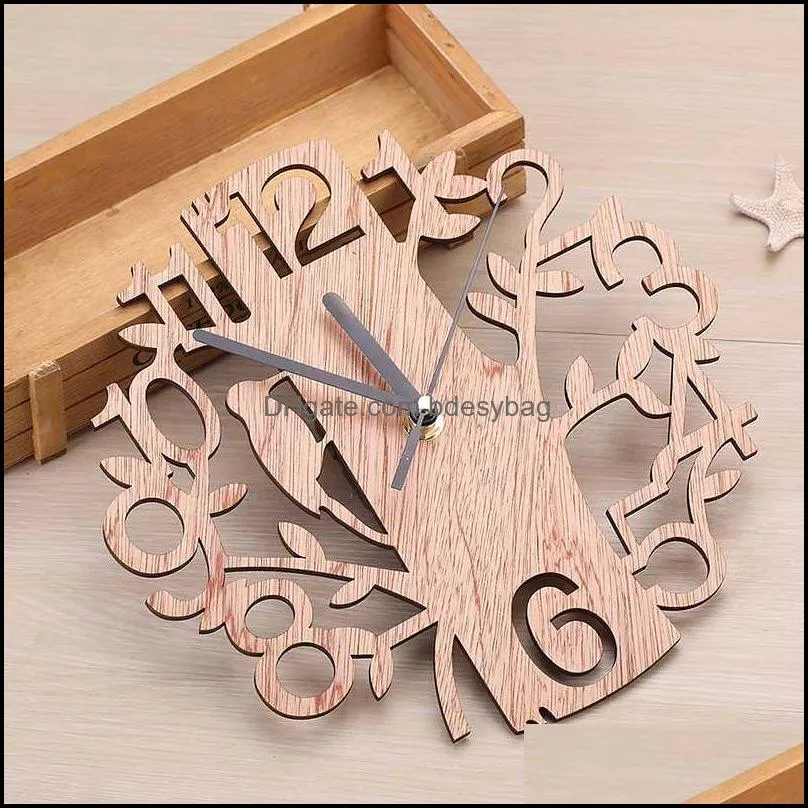 creative design tree wall clock 3d needle hollow circular wooden wall clock simple hanging ornaments home decor