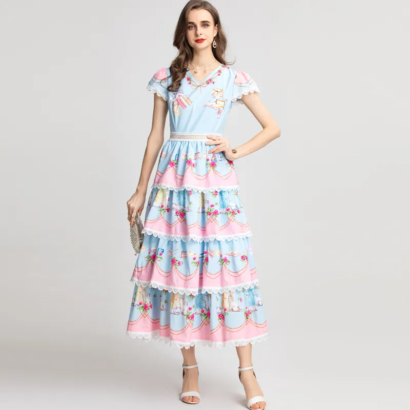 꽃 무늬 프린트 캐스케이딩 주름 짧은 슬리브 럭셔리 드레스 드레스 여성 디자이너 2022 파티 멍청이 로브 팜미