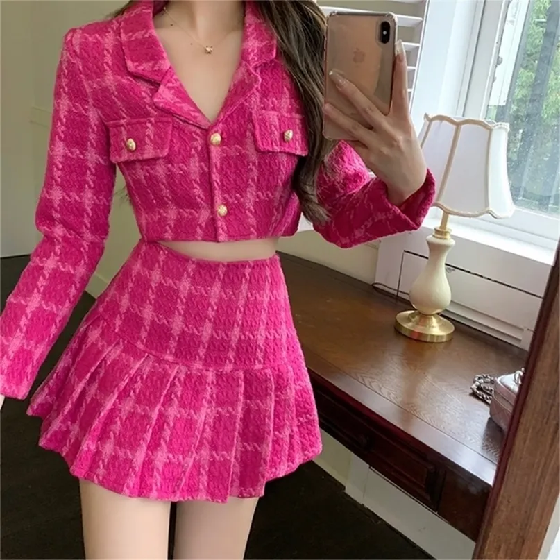 Fall Small Fragrance Vintage Tweed Two Piece Set Women Crop Top Woolen Short Jacket Coat Mini Skirts Sets Sweet 2 Piece Suits 220725