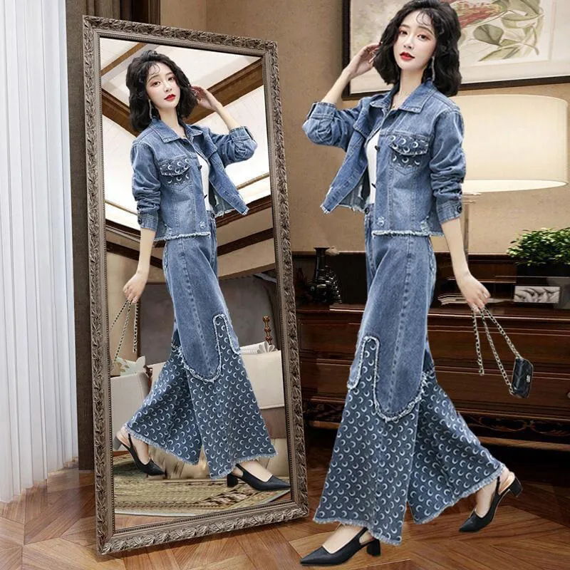 Kvinnors tvådelade byxor som skarvar casual denim Set Female Jacket Long 2022 Spring Loose High midje Jeans Suit Two-Piece Quality Clothing E25