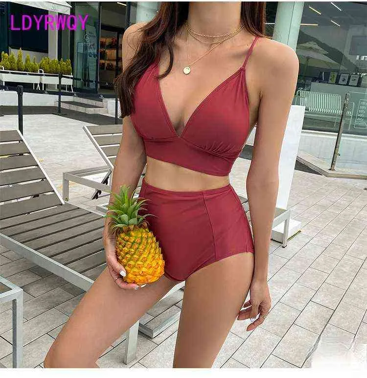 LDYRWQY 2021 NIEUWE Japans en Koreaans Effen Kleur Hoge Taille Sexy Big Borsten Verzamel Strappy Bikini Badpak Tweedelige Suit Y220420