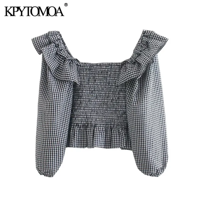 KPYTOMOA Moda Donna Elastico Smock Increspato Camicette ritagliate Vintage Lantern Sleeve Plaid Camicie femminili Blusas Chic Top 210226