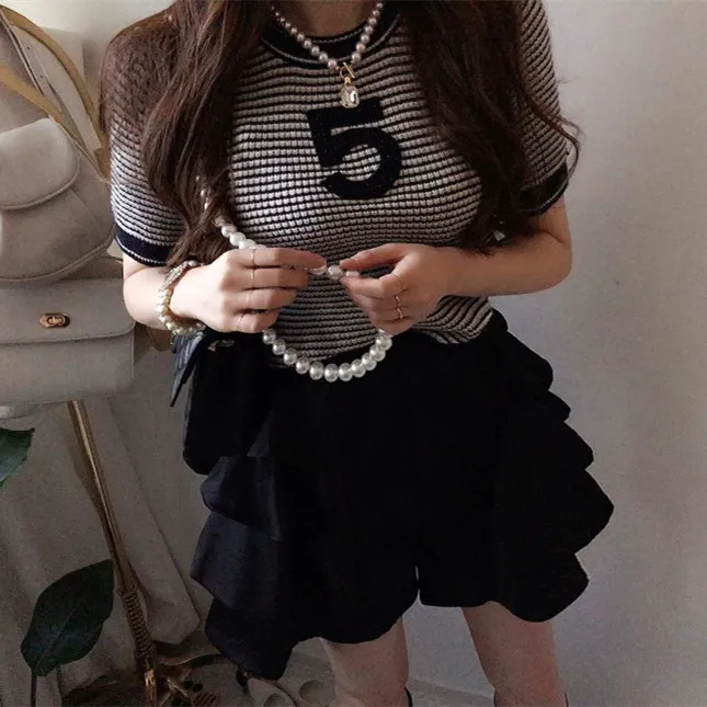 Pármaco Tejido De Manga Corta A Rayas Negras Top De Suéter O Wele