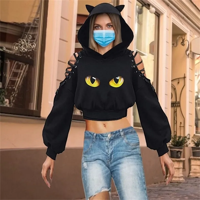 Kobiety z kapturem z długimi rękawami Kawaii Cat uszy bluza z kapturem gotyc punkowy harajuku zimny bandaż gotycka czarne bluzy 220812