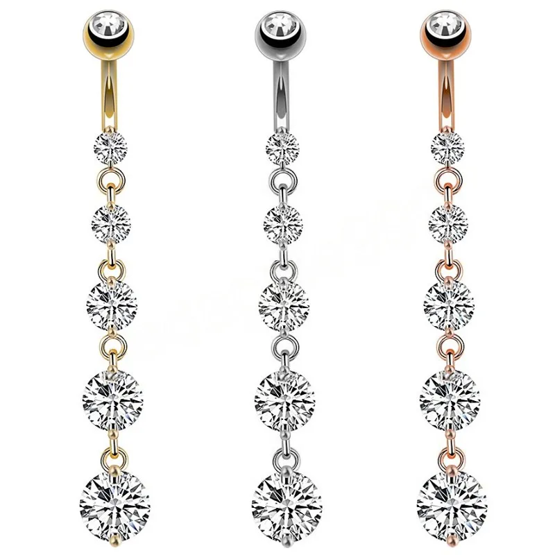 Long Dangled Zircon Stainless Steel Navel Piercing Flower Pendant Belly Button Rings Belly Piercing Body Jewelry Women