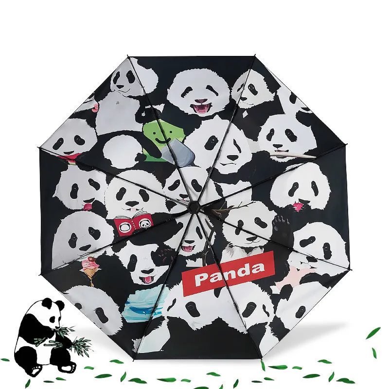 Tre pieghevole portatile carino panda illustrazione ombrello pioggia donne ombrellone uomo bambini parapluie SunnyRainy parasole 210223