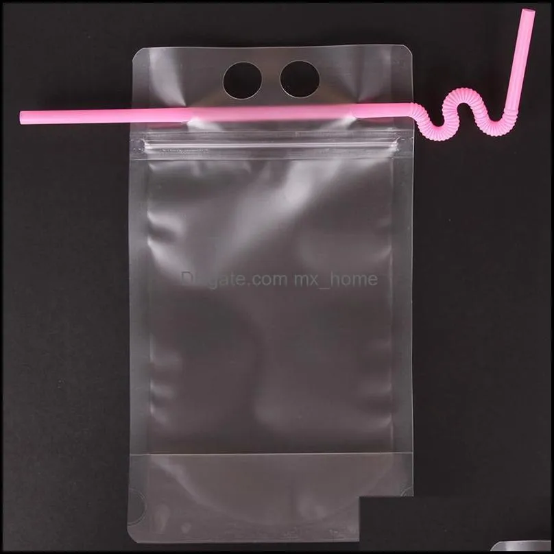 500ml Transparent Self-sealed Plastic Drink Packaging Bag Pouch for Beverage Juice Milk Coffee, with Handle and Holes for Straw