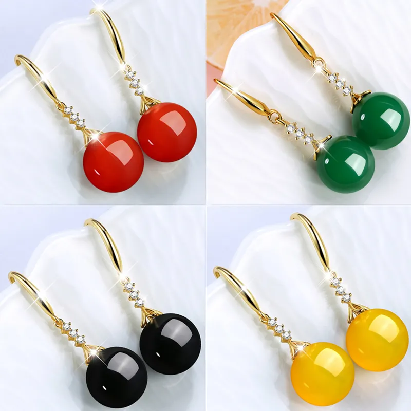 12mm Natural Stone Beads Dangles for Women Luxury Cubic Zirconia Agate Beaded Drop Earrings Fashion Copper Round Pendant Girls Earring Gifts Jewelry Accessories