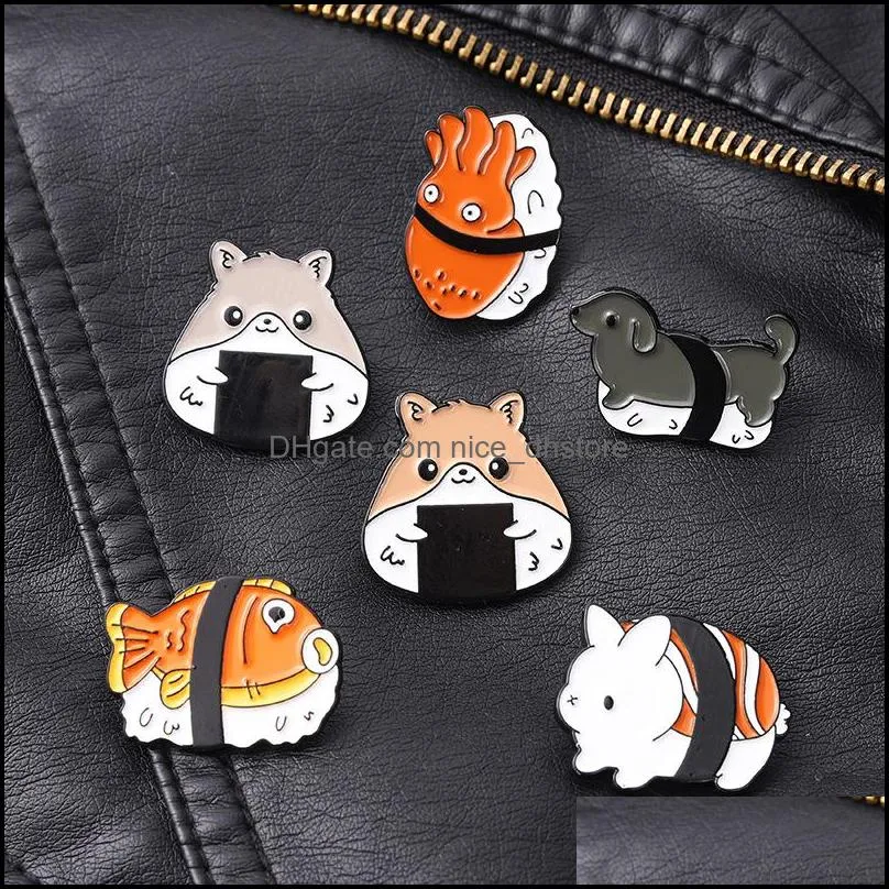 PinsBrooches Jewelry Sushi Animal Enamel Pin Cute Kawaii Food Fun Brooches Badges For Bag Hat Backpack Girl Boy Accessories W Dhfgp