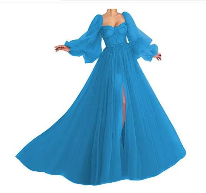 Blue Tulle Mermaid prom dresses with Sleeves with Long Puffy Sleeves and Backless - Custom Made for Formal Parties, Pageants, and Special Occasions