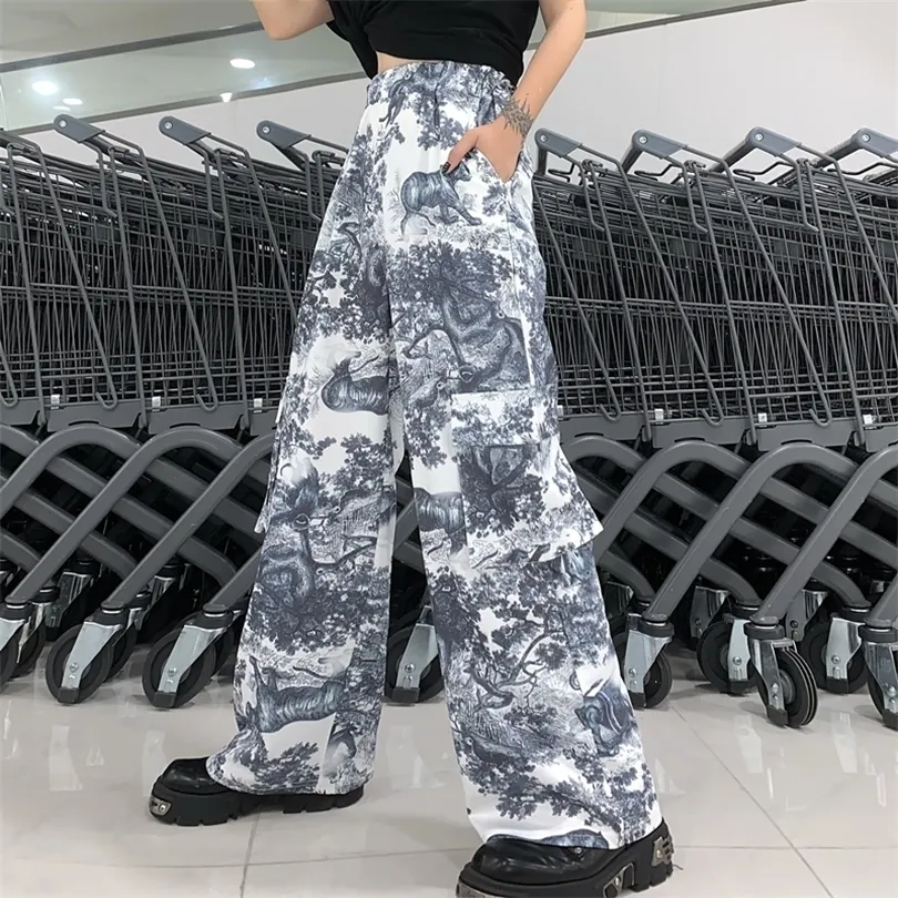 Pants Women Korean Harajuku Style Dark Black 3D Animal Print Loose Pocket Casual Pants Straight Wide Leg Pants Streetwear 201012