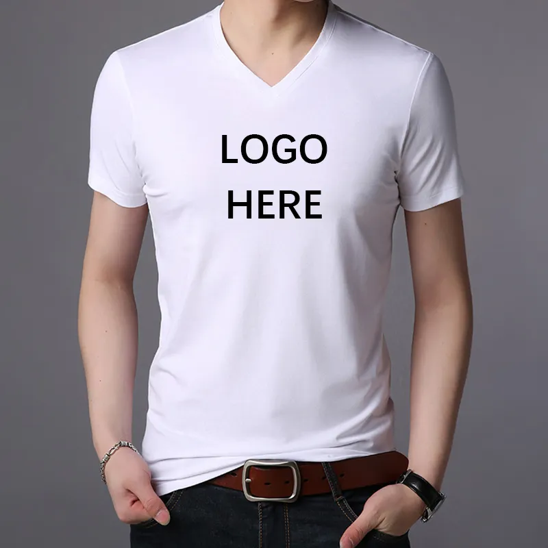 T-shirt fai-da-te T-shirt manica corta da uomo con scollo a V stampata personalizzata T-shirt top in bianco nero bianco tinta unita OEM con logo grafico personalizzato HFCMT072