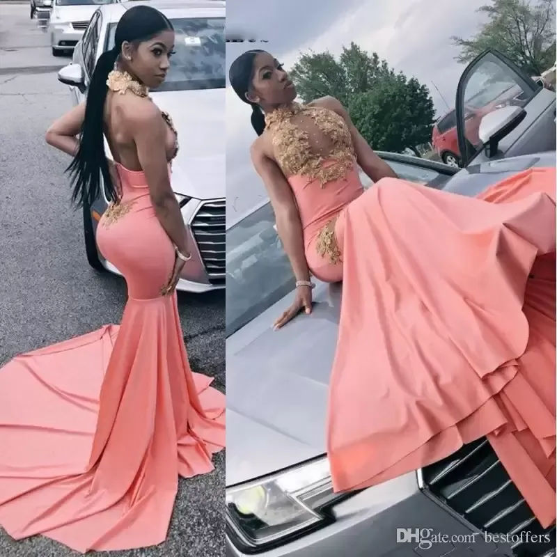 Coral Halter Prom Dresses with Sweep Train Gold Applique Lace Beaded Backless Evening Formal Wear Plus Size from Dhgate Prom Dresses - price 347.16 Coral Halter Prom Dresses with Sweep Train Gold Applique Lace Beaded Backless Evening Formal Wear Plus Size from Dhgate Prom Dresses - price 347.16