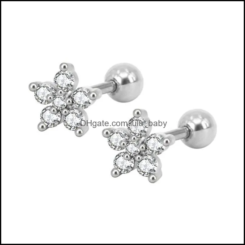zircon flower ear studs fashionable 316l stainless steel cz earrings body jewellery for women teen girls