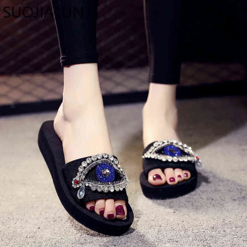 Suojialun Women Shoes Sweet Beach Slippers Summer Woman Fashion Bring Bling Rhinestone Flat Slides BlackEva 220627