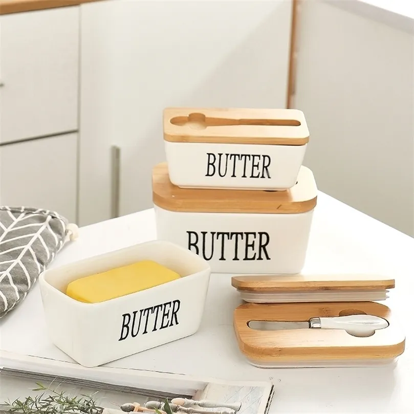 Boîte à beurre en céramique, stockage de fromage, plateau de scellage avec couvercle en bois, couteau, plat de nourriture, garde-beurre, conteneur de plaque d'outil pour la cuisine 220418