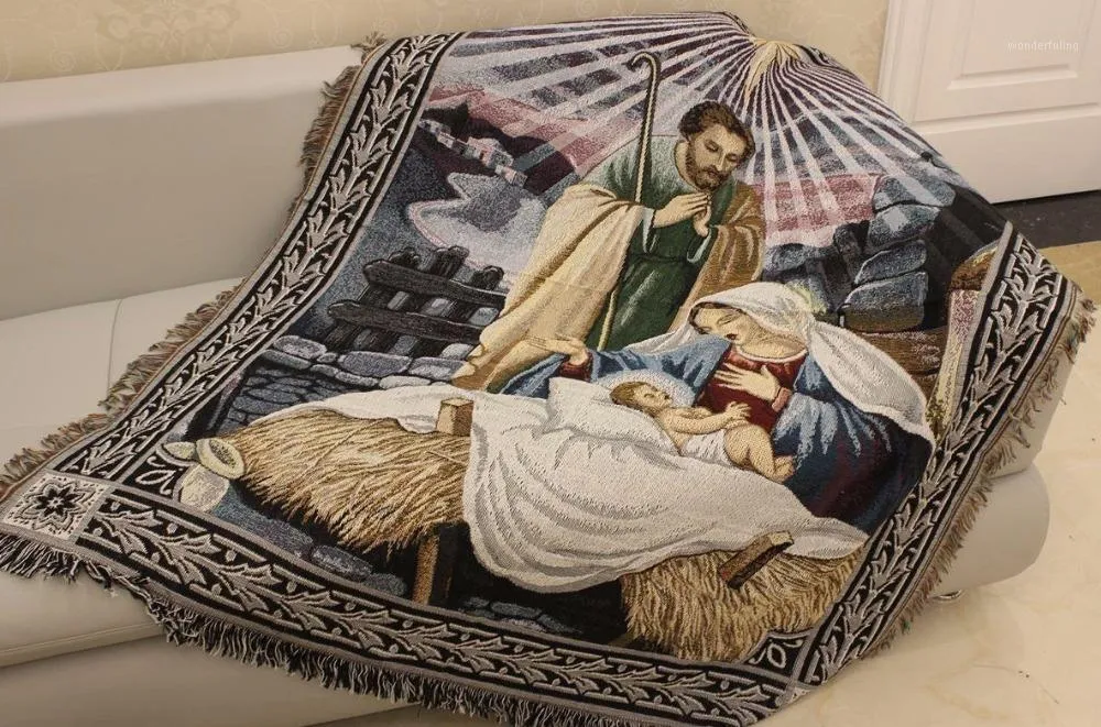 Couvertures de chaise Drop Ship Jésus Notre-Dame Couverture de canapé Couverture de fil de serviette avec des glands en coton Tapisserie décorative de Noël de Pâques