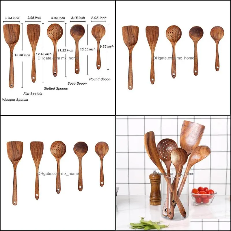 5PCS Wooden Spoons For Reusable Wood Kitchen Utensils Set Wooden Turner Spatula Rice Spoon Big Soup Scoop For Cooking Utensils