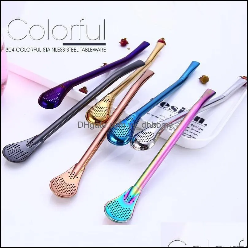 ups 304 stainless steel beverage drinking straws spoon creative coffee mixing-straw leaky hole spoon head straw kitchen dining barware