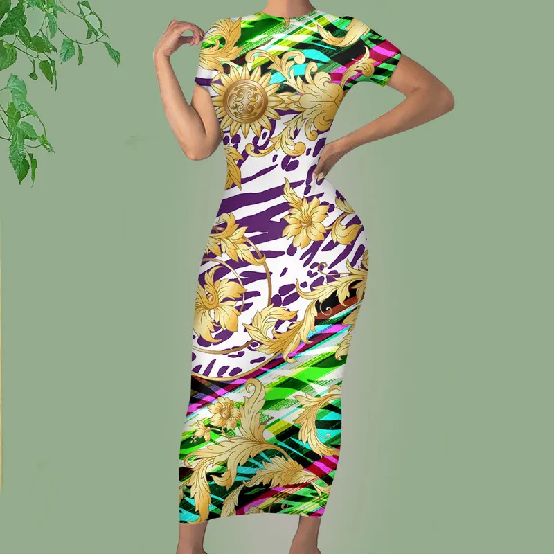 Noisydesigns Leopard Print Summer Elegant Short Sleeve Party Robe Women Luxury Floral Sundress Vintage Maxi Dress Dropship 220627
