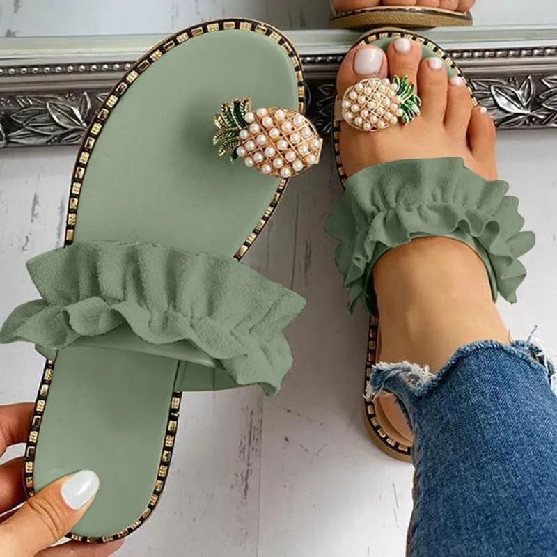 Zapatillas Comemore 2022 Slipper Slipper Pieta Pearl Pearl Flat Toe Bohemian Summer Beach Sandals Damas Zapatos de talla grande 43 Sandalia Mujersli