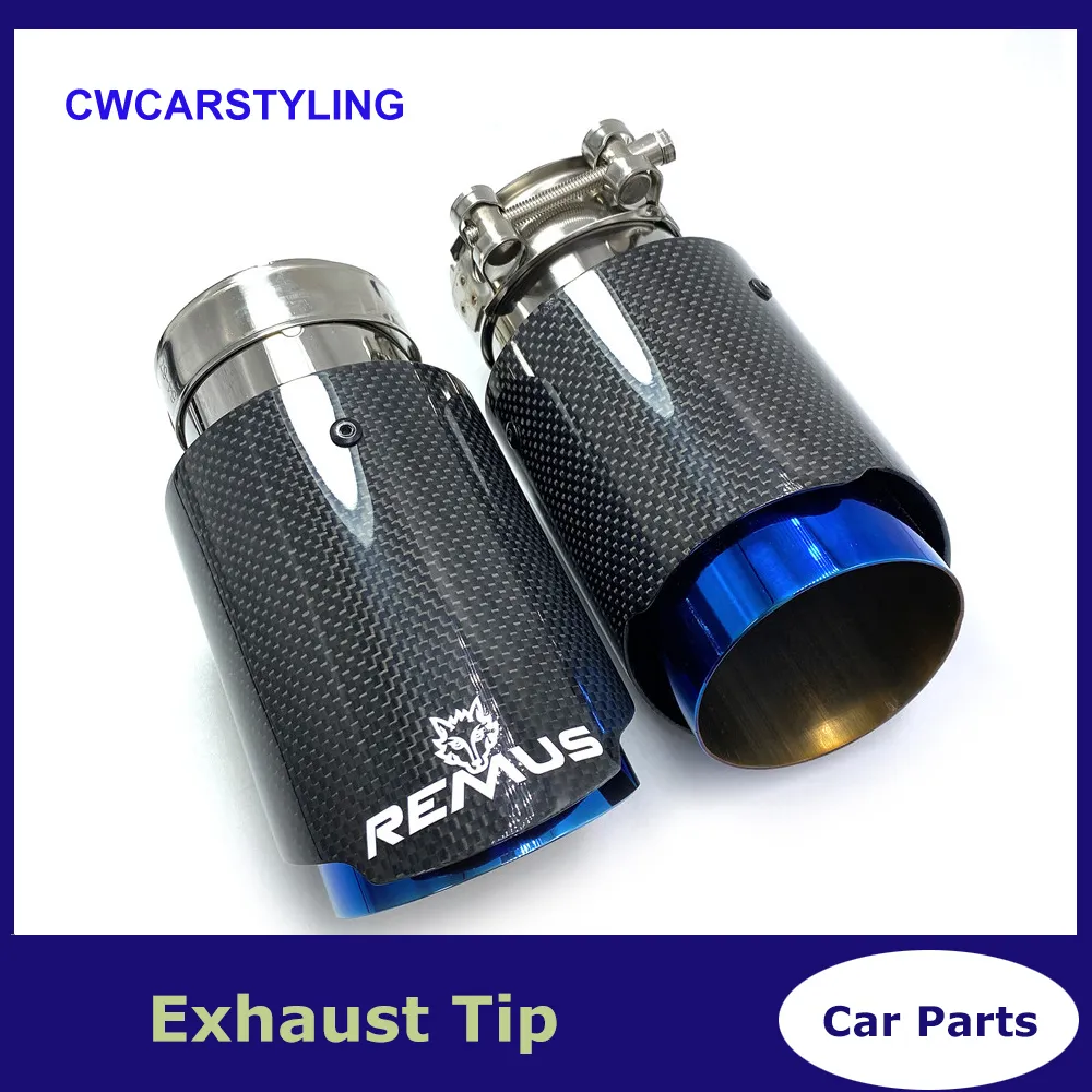 1PCS Car Exhaust Tail Pipe Glossy Carbon Tail End Blue Stainless Steel Straight Muffler Tip Flange With Remus Logo For Bmw F30
