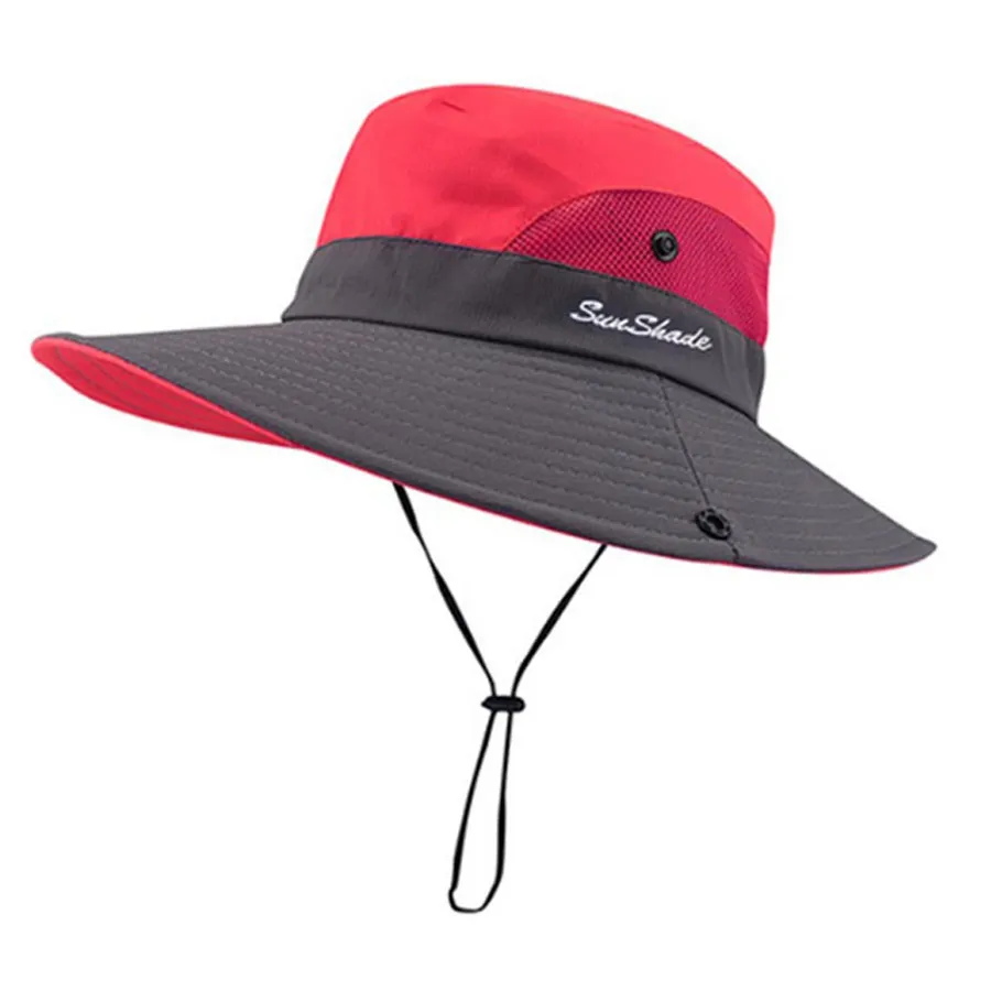 1ピースの女性のポニーテール太陽の帽子紫外線保護調節可能な折りたたみ式メッシュワイドブリムカラーブロック釣り帽子