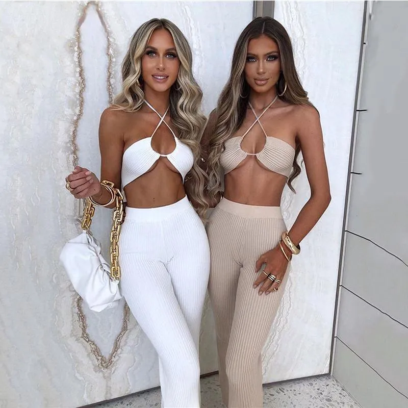 Women's Two Piece Pants European And American Jumpsuit Two-piece Drawstring Hanging Neck Casual Suit Sexy Club Party Style Summer 2022