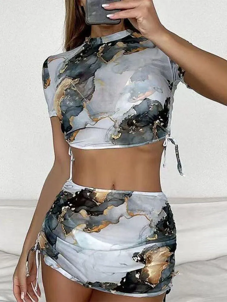 Women's Swimwear Women Cover Up Short Sleeve Skirt Summer Beach Outing Dress Bathing Suit Beachwear Women's Mesh Tunic 2022 Grey Marble