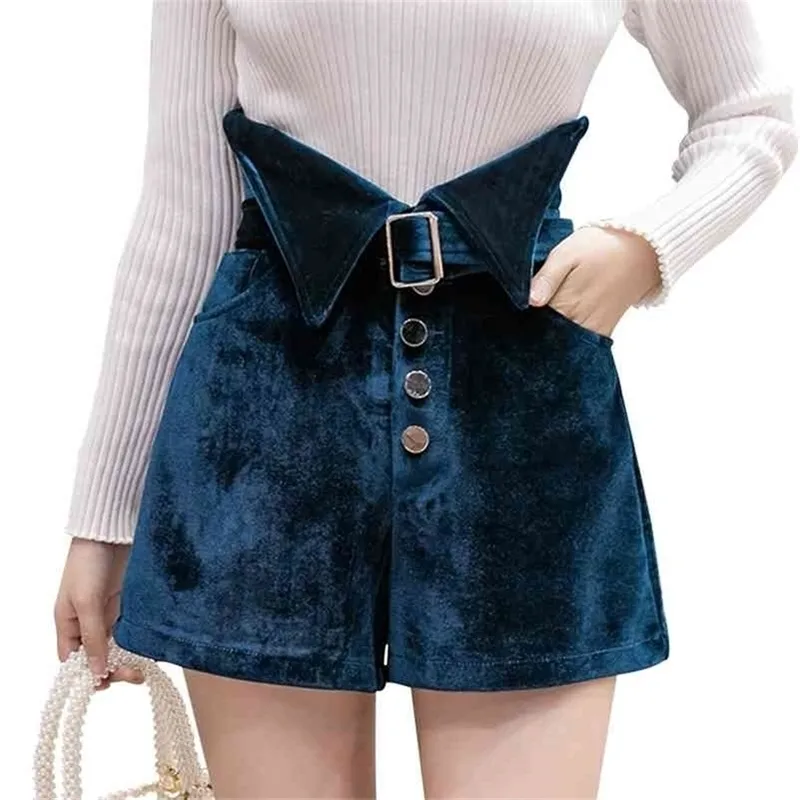 Qoerlin S2XL Velvet Betred Shorts Women Fashion Adthwear بالإضافة إلى حجم Singlebreasted High Weist Shorts Pocket Black Shorts 210412