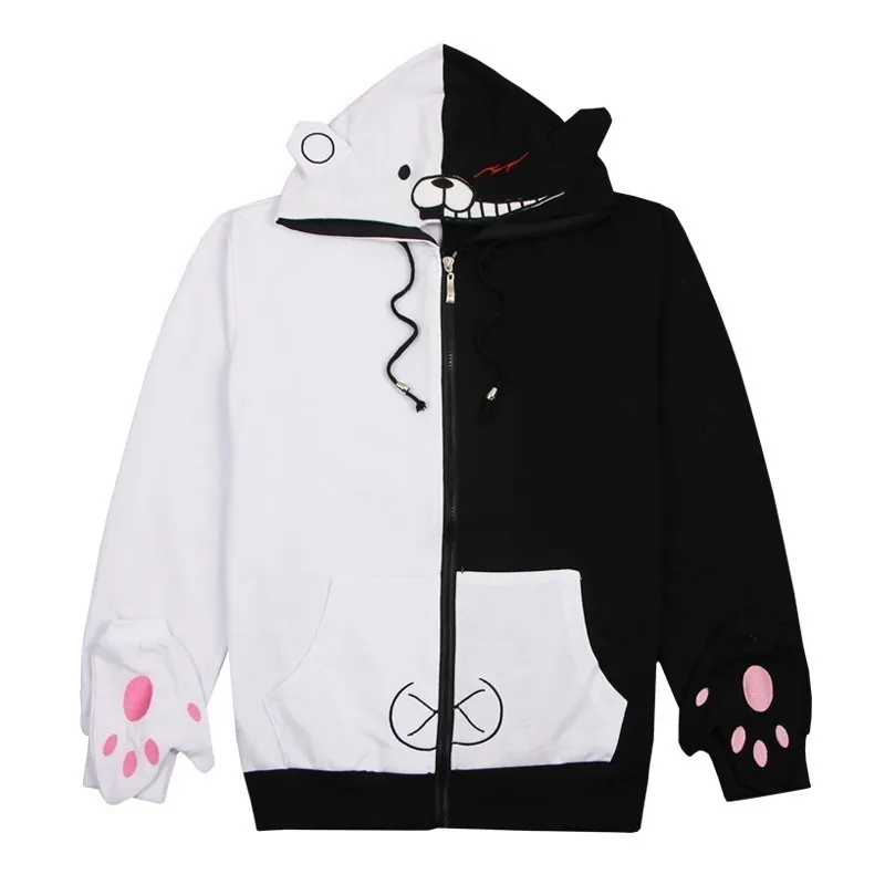 Women Hooded Sweatshirts Cartoon Bear Brodery Black White Patchwork Hoodies Autumn Long Sleeve Tracksuits Kvinnliga toppar 201029