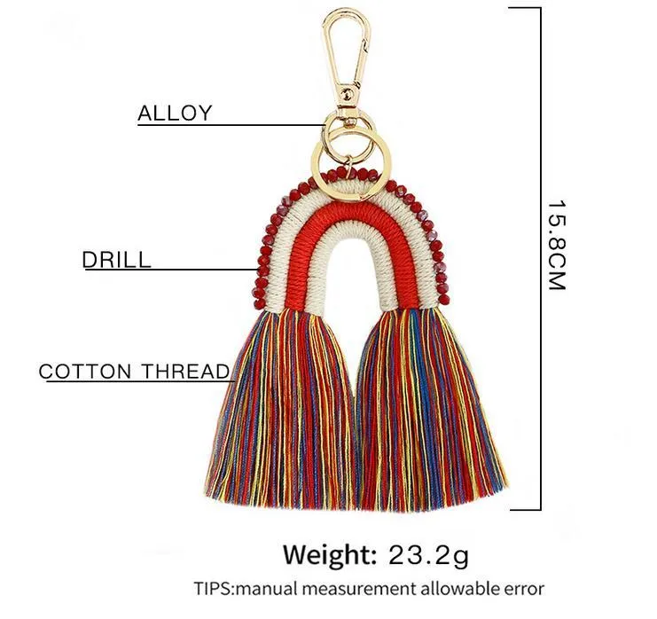 Ethnic Handmade Macrame Key Chains for Women Bags Accessories Jewelry Boho Rainbow Weave Cotton Fringed Keychains Gift Wholesale