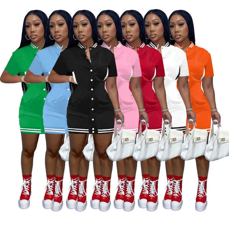 2022 Designer Women Casual Varsity Dress Summer Short Sleeve Button Medium Sports Basketball Dresses Skinny Ladies Skirt