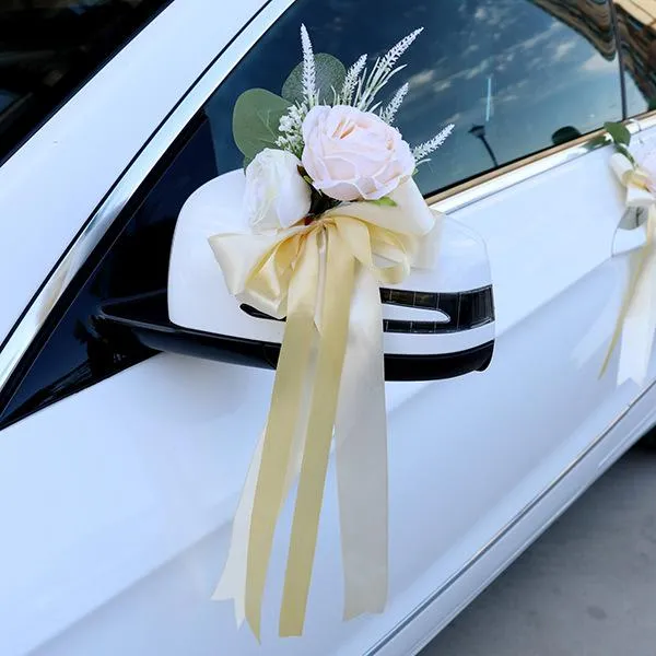 Decoratieve bloemen kransen champagne kunstmatige zijden bloem roze achteruitkijk spiegel deur strik stropdas lint bruiloft auto decoratie arrangementen a