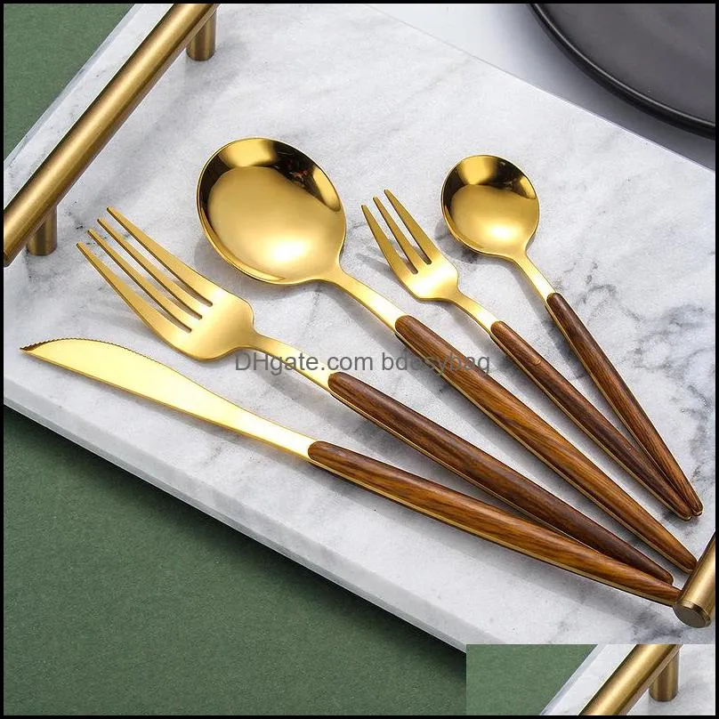 visual touch luxury silverware wooden handle gold silver dinner flatware set dessert spoon fork knife sets for home commercial2175