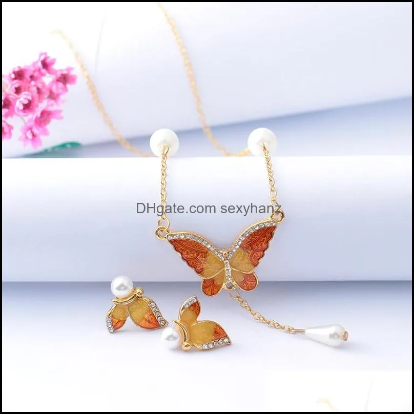 Imitation Pearl Necklace Earrings Butterfly Pendant Ladies Colorful Jewelry Set