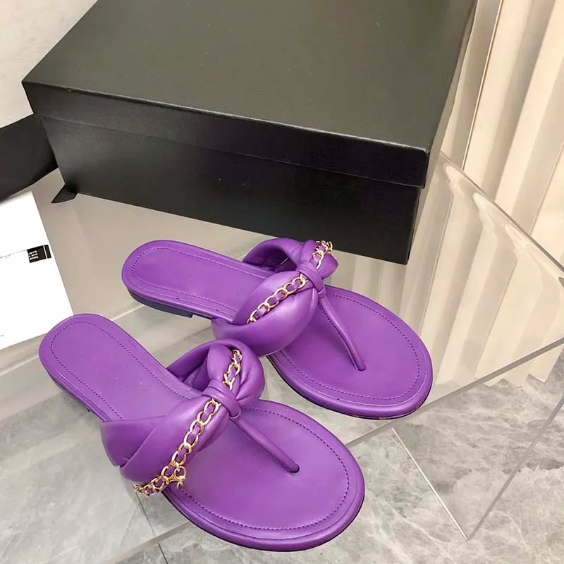 Womens Chain Slippers Lambskin Metal Dark Purple Sandals Flip Flop