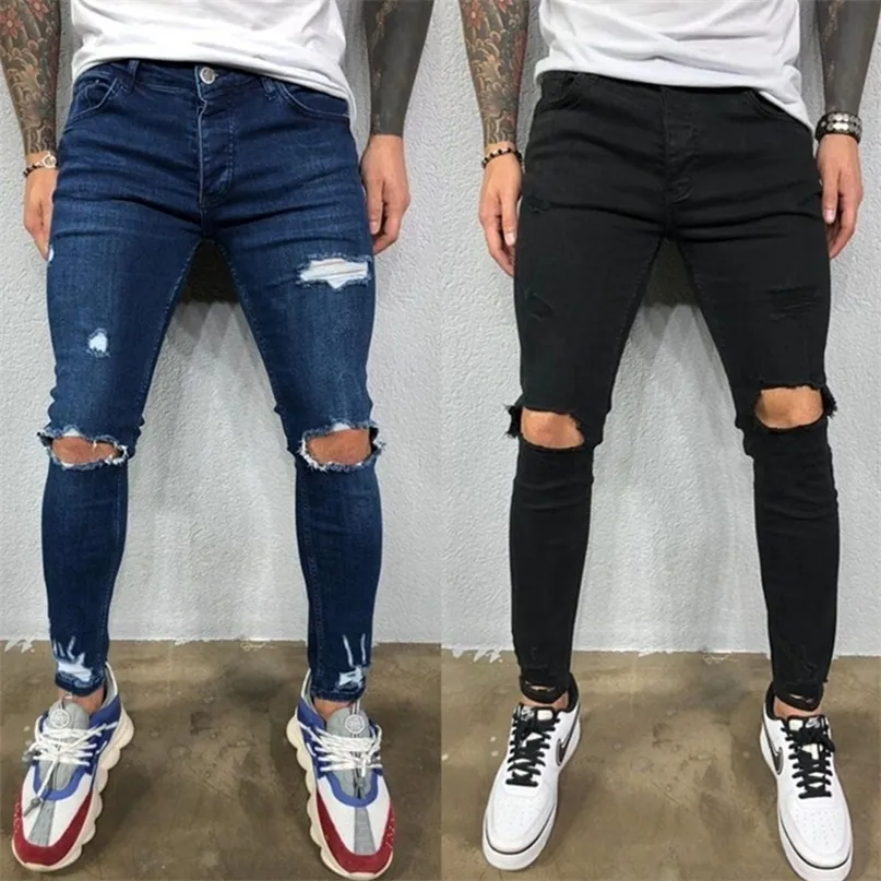 Men Jeans Black Blue Cool Skinny Knee Hole Ripped Stretch Slim Elastic Denim Pants Solid Color High Street Style Trousers Man 220408