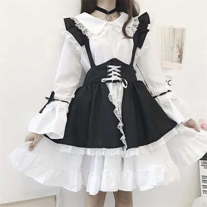 Yeni Siyah Beyaz Gotik Stil Hizmet Edin Kostüm Lolita Elbise Sevimli Japon Kostüm Westidos de Fiesta De Noc Party Dress Vestidos 210401